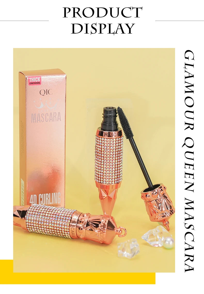 Mascara Waterproof Smudge Proof Elongate Eyelashes Makeup Tool, Natural Thick Curling, Rhinestone Decorative Shell