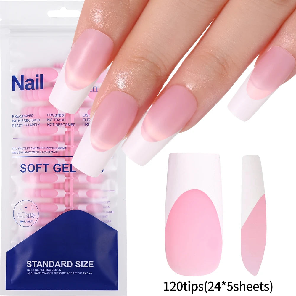 120Pcs/box Matte Pink French Press On Nails Acrylic Long Square Fake Nails Tips Full Cover Women Extension Wearable False Nails-