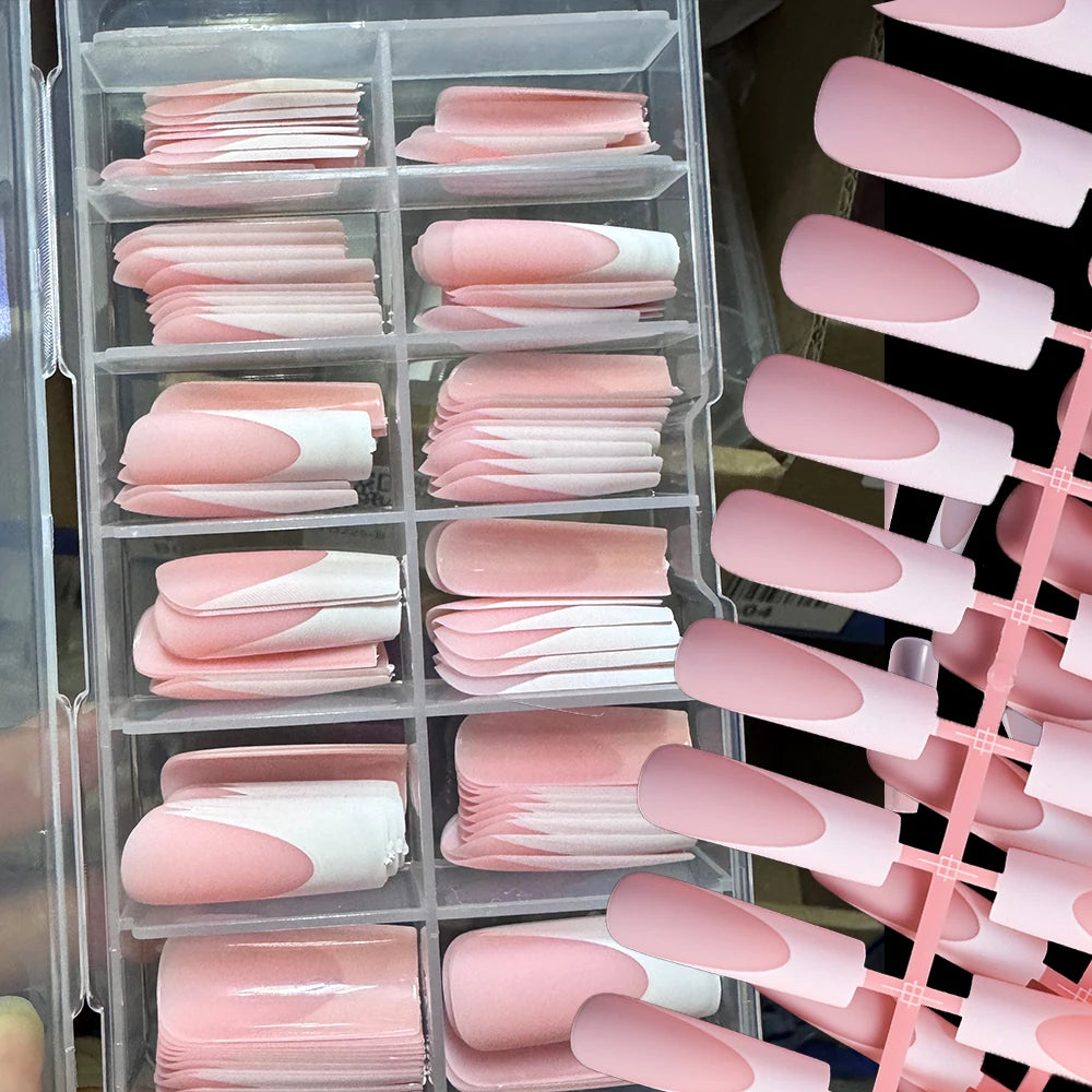 120Pcs/box Matte Pink French Press On Nails Acrylic Long Square Fake Nails Tips Full Cover Women Extension Wearable False Nails-