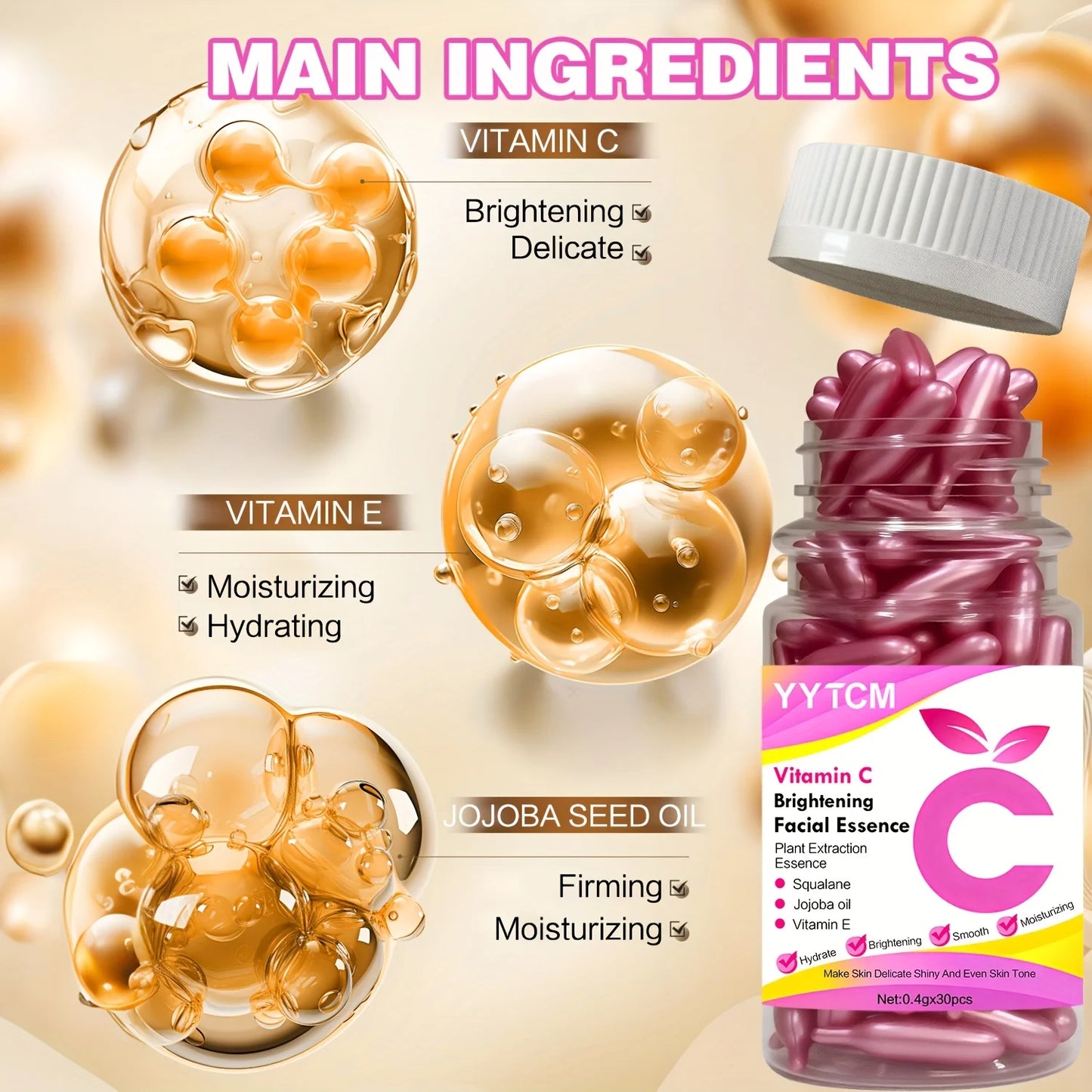 Vitamin C Brightening Skin Moisturizing Capsule Essence, Hydrates and Smoothes Skin, Contains Plant-Based Squalane, Vitamin E, Magnolia Oil, Jojoba Seed Oil, Deeply Hydrates and Brightens Skin Essence (0.4g X 90 Capsules)/Bot