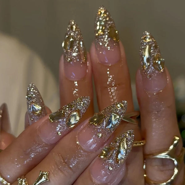 24 pcs of long almond-shaped nails inset with glittering light: French design, long acrylic nails that are very suitable for we