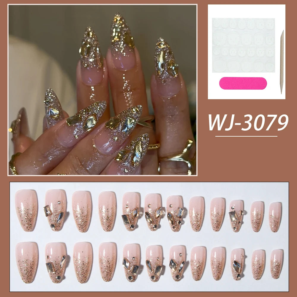 24 pcs of long almond-shaped nails inset with glittering light: French design, long acrylic nails that are very suitable for we