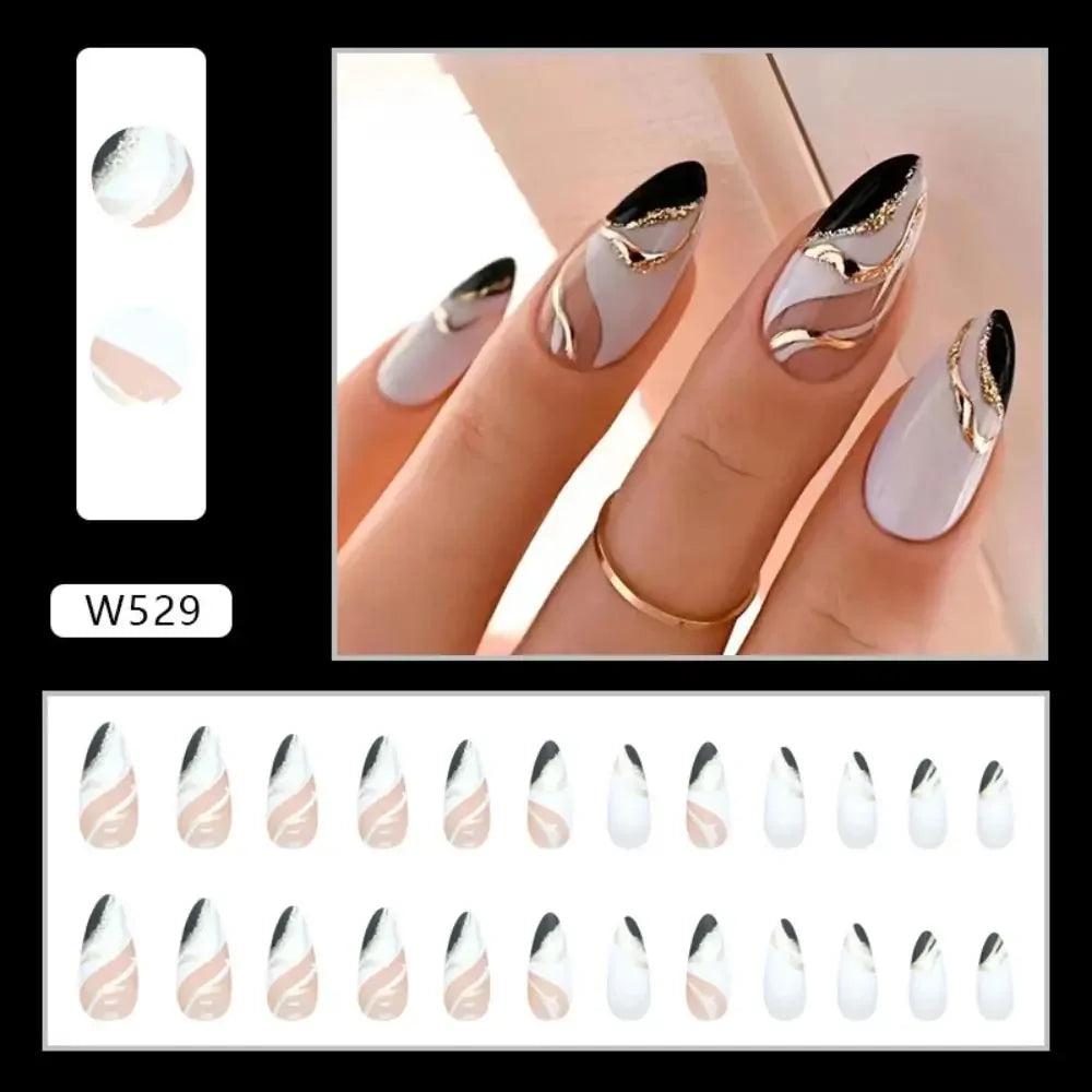 Simple French Wearable False Nails Almond Colorful Stripes Colorblock Design Manicure Fake Nails Line Full Cover Press On Nail