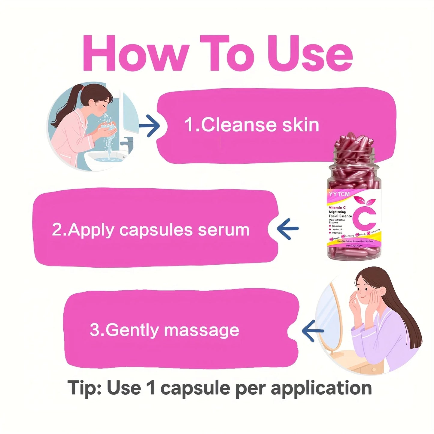 Vitamin C Brightening Skin Moisturizing Capsule Essence, Hydrates and Smoothes Skin, Contains Plant-Based Squalane, Vitamin E, Magnolia Oil, Jojoba Seed Oil, Deeply Hydrates and Brightens Skin Essence (0.4g X 90 Capsules)/Bot