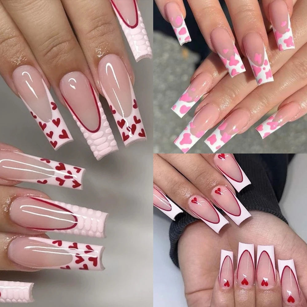 120Pcs/box Matte Pink French Press On Nails Acrylic Long Square Fake Nails Tips Full Cover Women Extension Wearable False Nails-