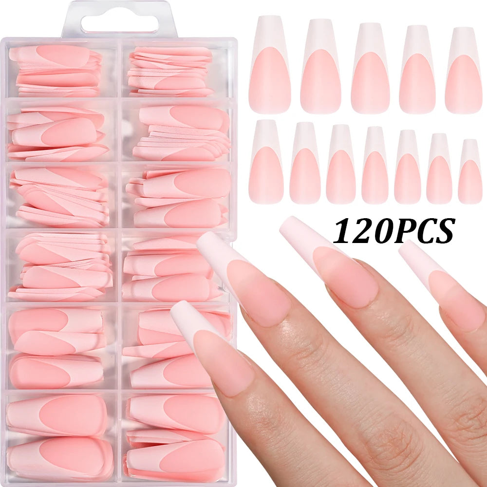 120Pcs/box Matte Pink French Press On Nails Acrylic Long Square Fake Nails Tips Full Cover Women Extension Wearable False Nails-