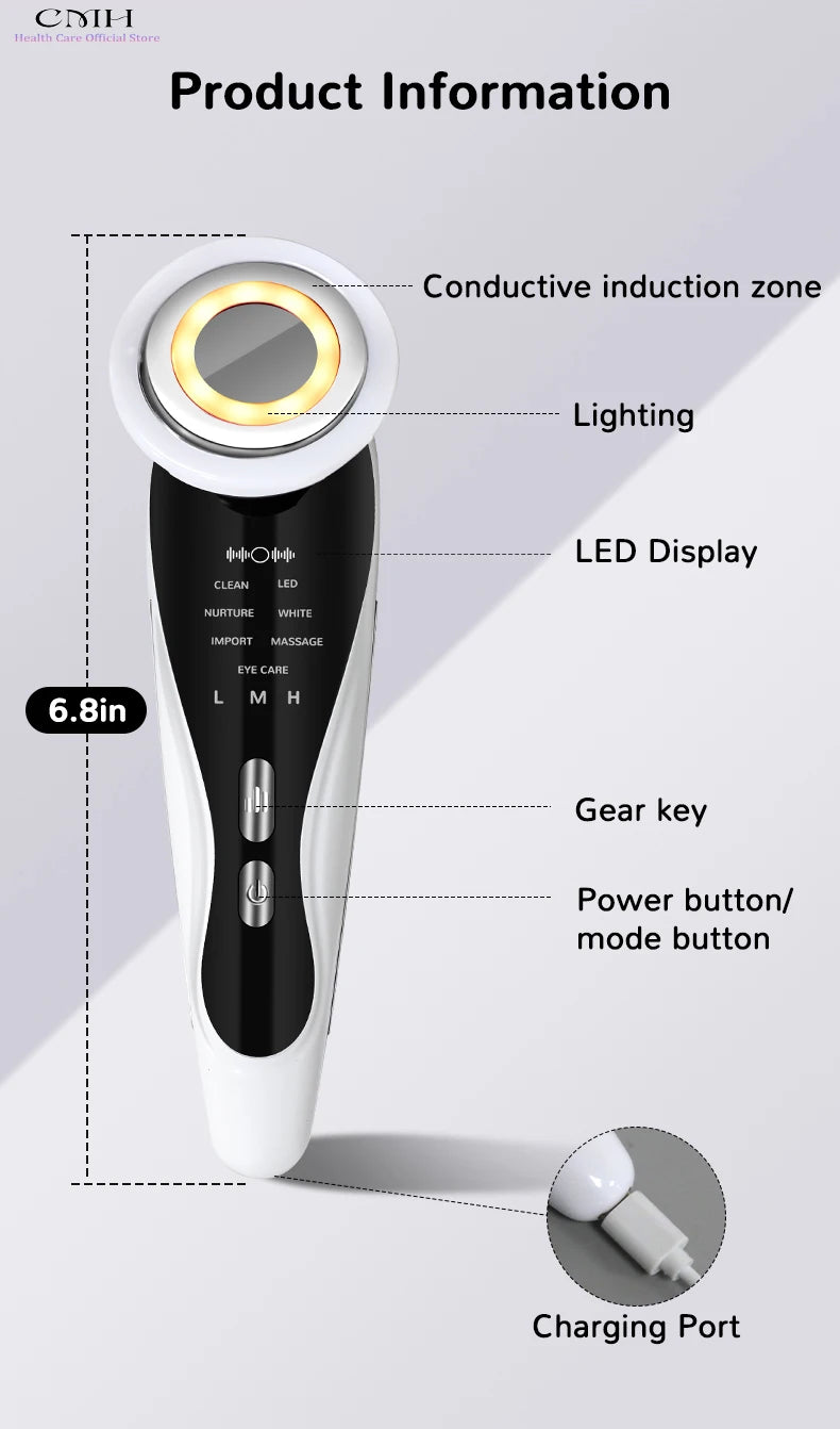 Induction Facial Device Anti Aging Multi Modes LED Light Therapy Patented Electrode Head Deep Cleansing Skin Tightening Portable