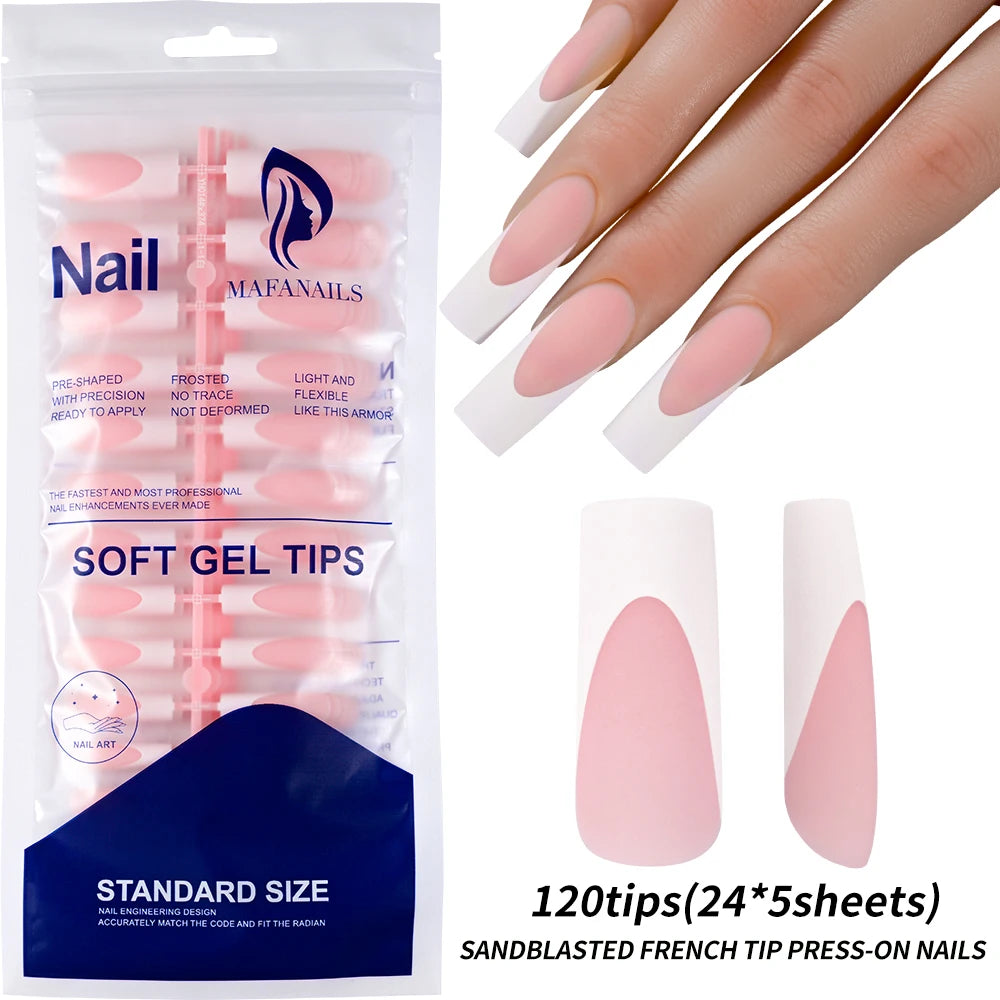 120Pcs/box Matte Pink French Press On Nails Acrylic Long Square Fake Nails Tips Full Cover Women Extension Wearable False Nails-