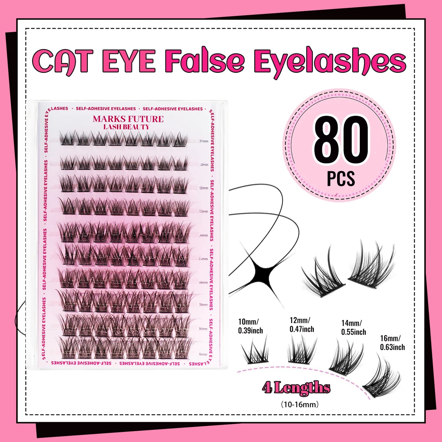 Self-Adhesive Eyelashes, 80 Pieces of Self-Adhesive Eyelash Clusters, 10-16 mm Mixed, Natural Look, Cat-Eye Ultra-Thin and Lightweight, Easy for Beginners to Use, D Curl, Self-Applied at Home