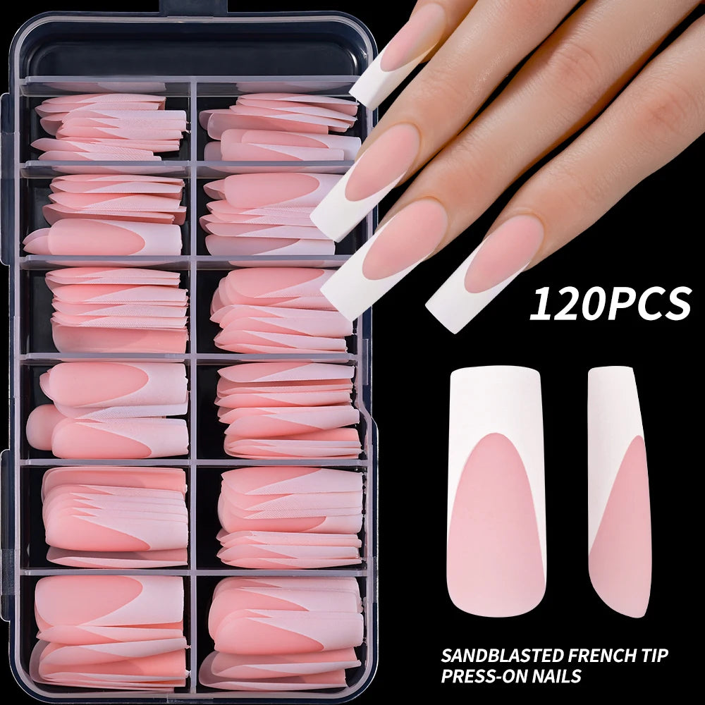 120Pcs/box Matte Pink French Press On Nails Acrylic Long Square Fake Nails Tips Full Cover Women Extension Wearable False Nails-