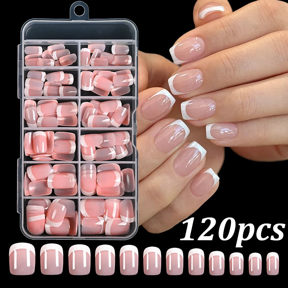 120Pcs/box Matte Pink French Press On Nails Acrylic Long Square Fake Nails Tips Full Cover Women Extension Wearable False Nails-
