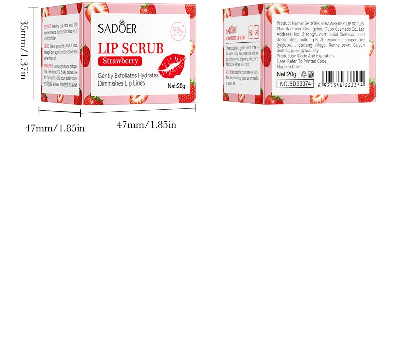 SADOER Fruit Series Strawberry Lip Scrub Dead Skin Moisturizes Brightening Lip Color, Makes Lips Pink