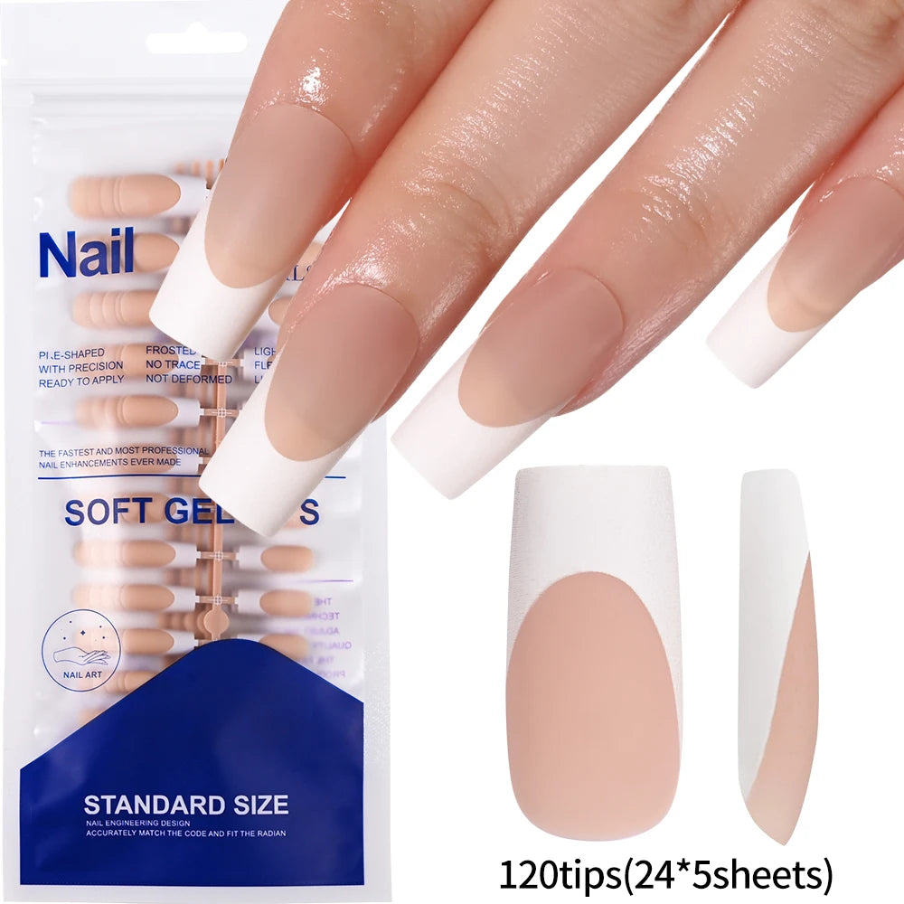 120Pcs/box Matte Pink French Press On Nails Acrylic Long Square Fake Nails Tips Full Cover Women Extension Wearable False Nails-