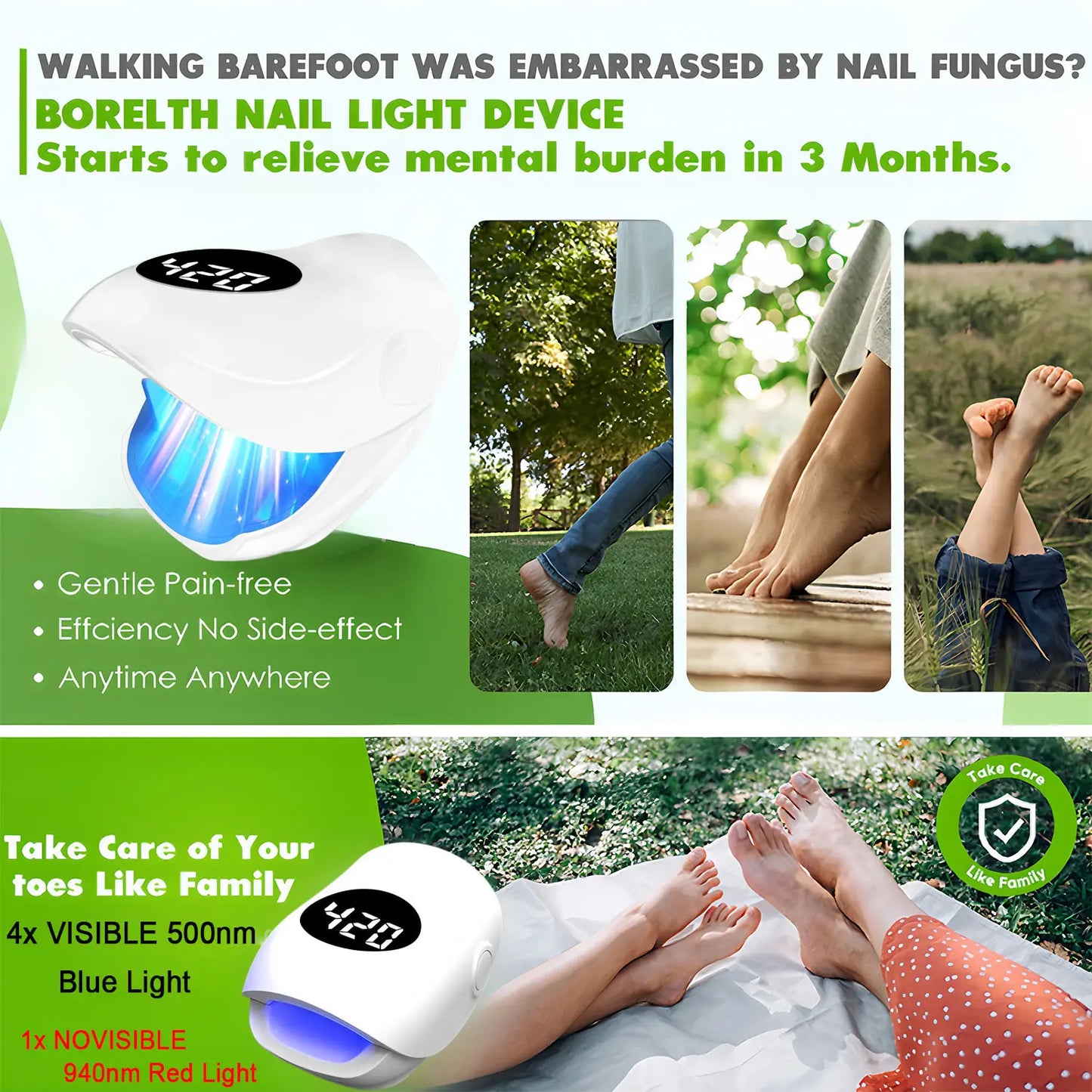 Nail Fungus Laser Device 500NM Blue Light + 940NM Infrared Laser - Wireless Cold Therapy for Onychomycosis Toenail Fingernail Ca