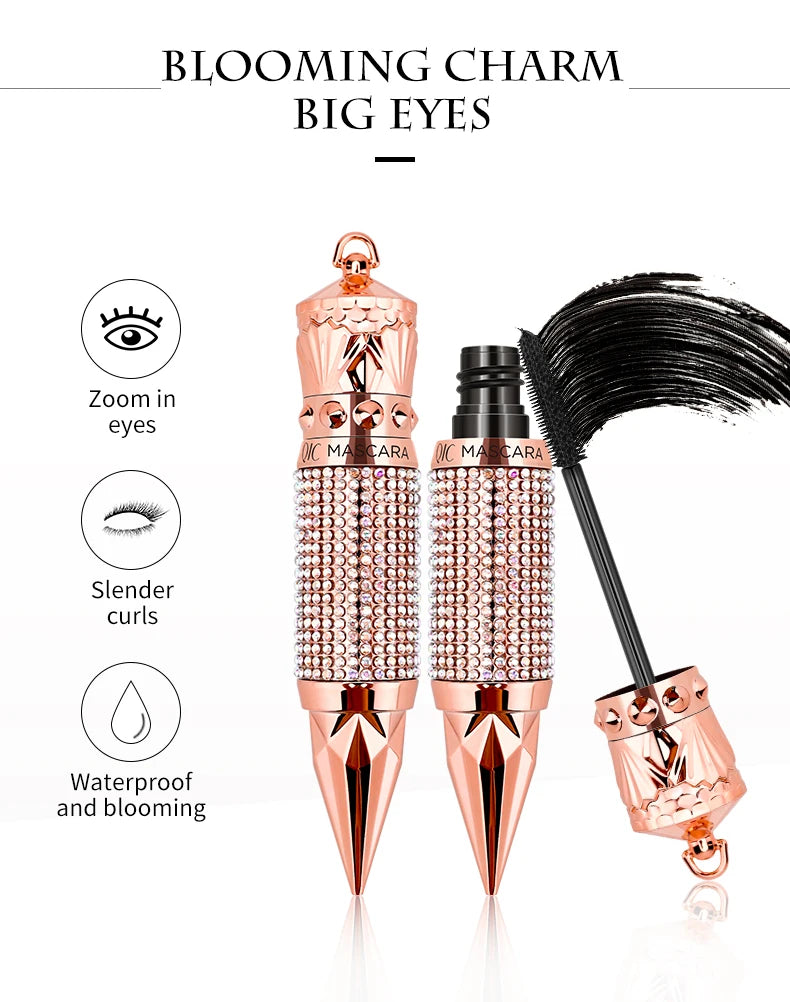 Mascara Waterproof Smudge Proof Elongate Eyelashes Makeup Tool, Natural Thick Curling, Rhinestone Decorative Shell