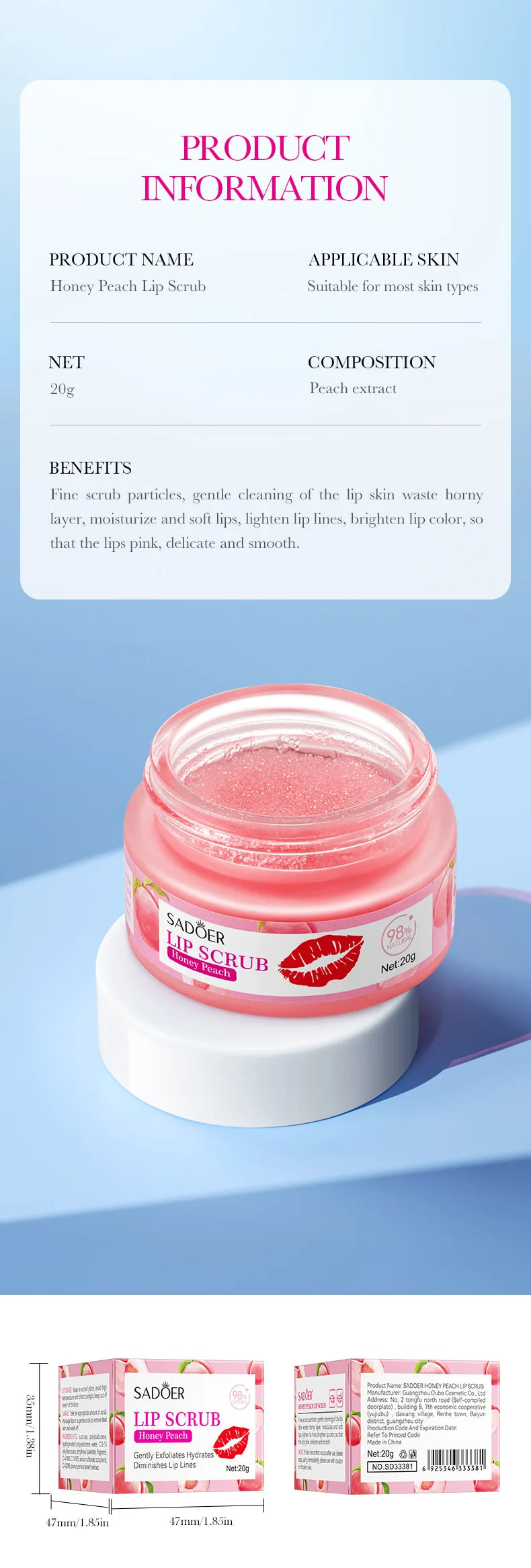 SADOER Fruit Series Strawberry Lip Scrub Dead Skin Moisturizes Brightening Lip Color, Makes Lips Pink