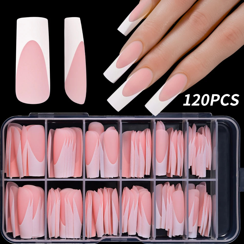 120Pcs/box Matte Pink French Press On Nails Acrylic Long Square Fake Nails Tips Full Cover Women Extension Wearable False Nails-