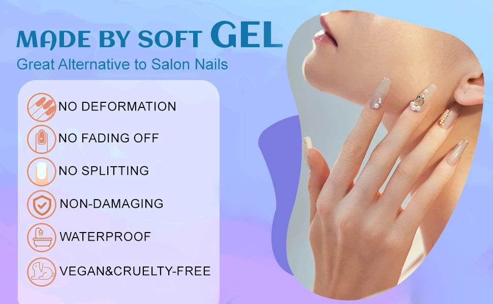 24 pcs of long almond-shaped nails inset with glittering light: French design, long acrylic nails that are very suitable for we