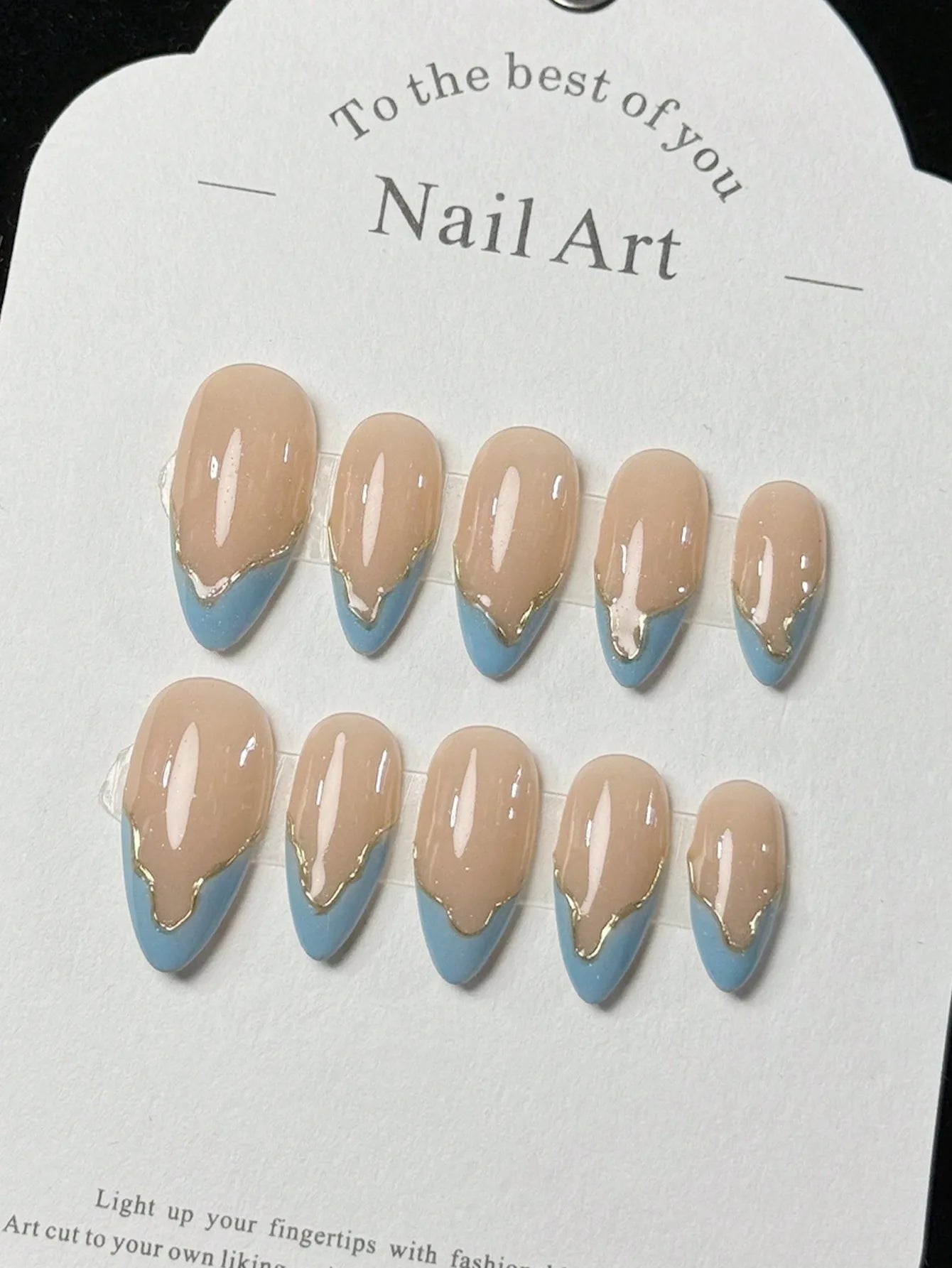 10 Pieces of Handmade Fake Nails with Blue French Tips, Golden Accents, Nude Shade - Minimalist, Stylish and High-End for Daily