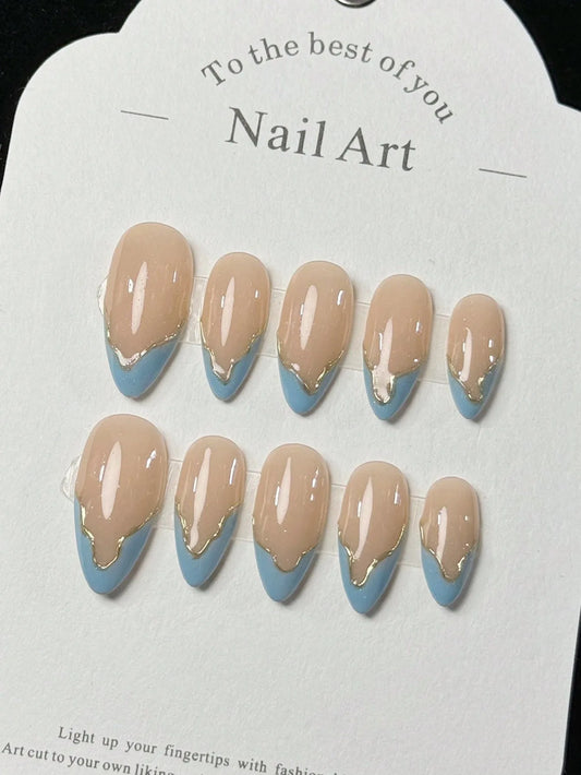 10 Pieces of Handmade Fake Nails with Blue French Tips, Golden Accents, Nude Shade - Minimalist, Stylish and High-End for Daily