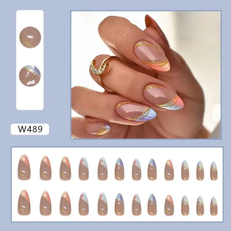 Simple French Wearable False Nails Almond Colorful Stripes Colorblock Design Manicure Fake Nails Line Full Cover Press On Nail