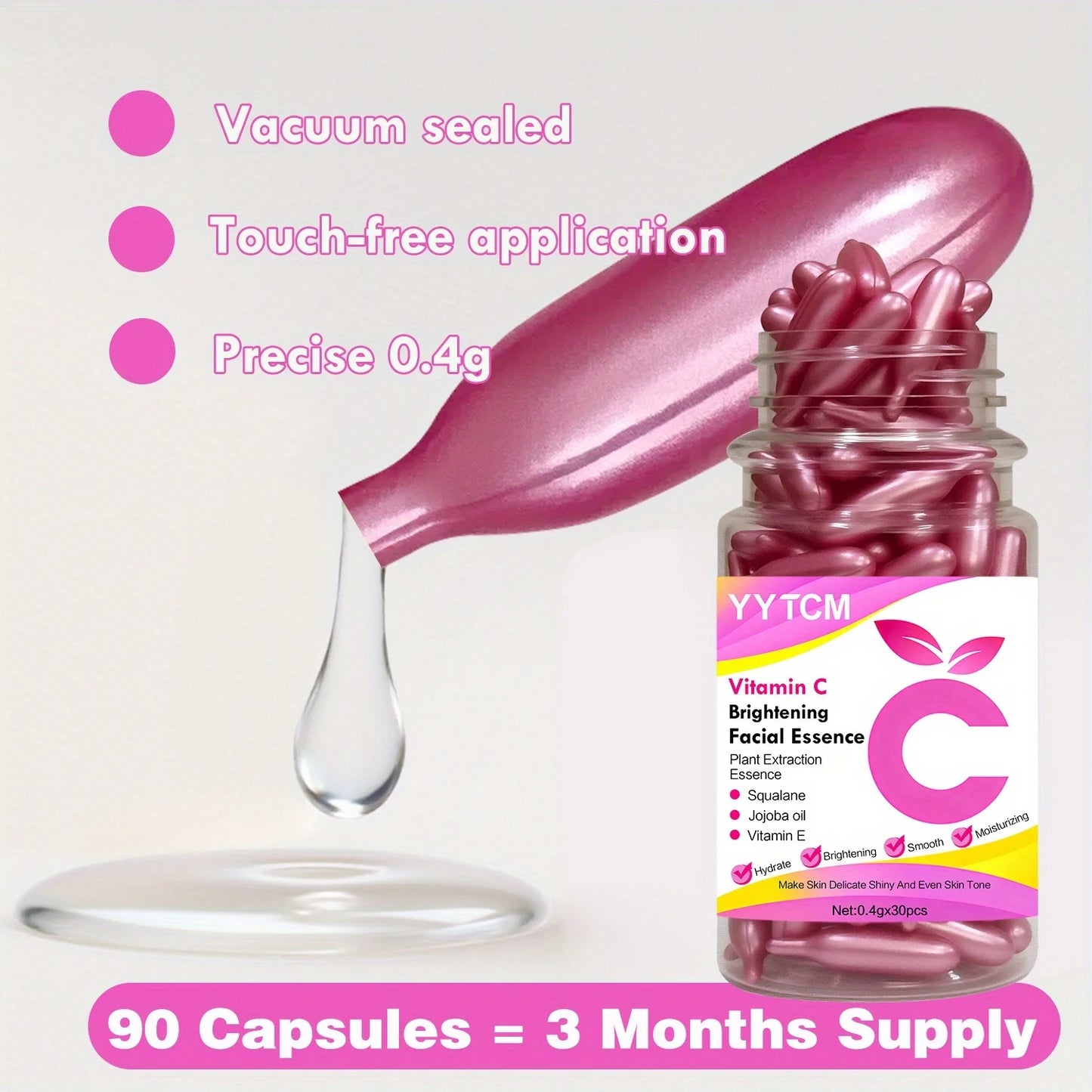 Vitamin C Brightening Skin Moisturizing Capsule Essence, Hydrates and Smoothes Skin, Contains Plant-Based Squalane, Vitamin E, Magnolia Oil, Jojoba Seed Oil, Deeply Hydrates and Brightens Skin Essence (0.4g X 90 Capsules)/Bot