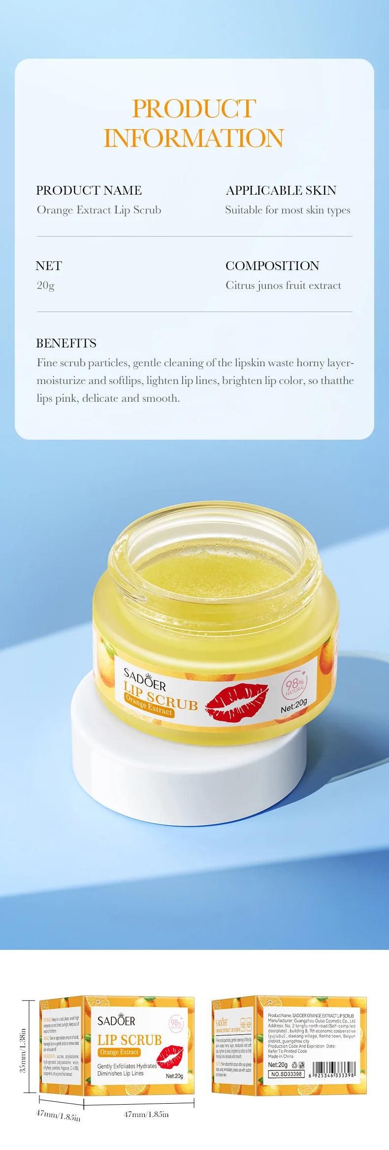 SADOER Fruit Series Strawberry Lip Scrub Dead Skin Moisturizes Brightening Lip Color, Makes Lips Pink
