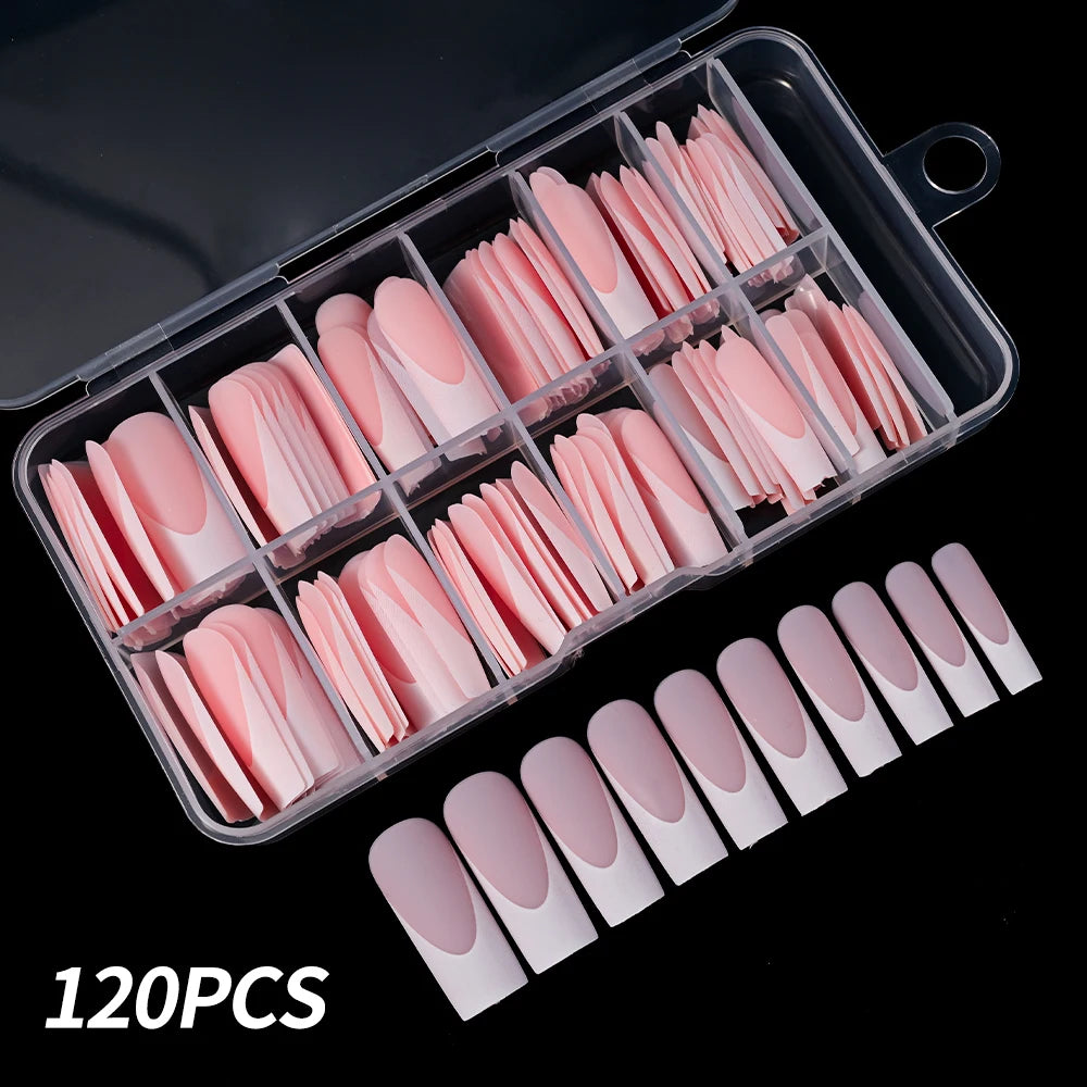 120Pcs/box Matte Pink French Press On Nails Acrylic Long Square Fake Nails Tips Full Cover Women Extension Wearable False Nails-