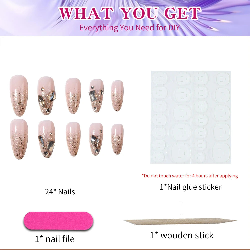 24 pcs of long almond-shaped nails inset with glittering light: French design, long acrylic nails that are very suitable for we