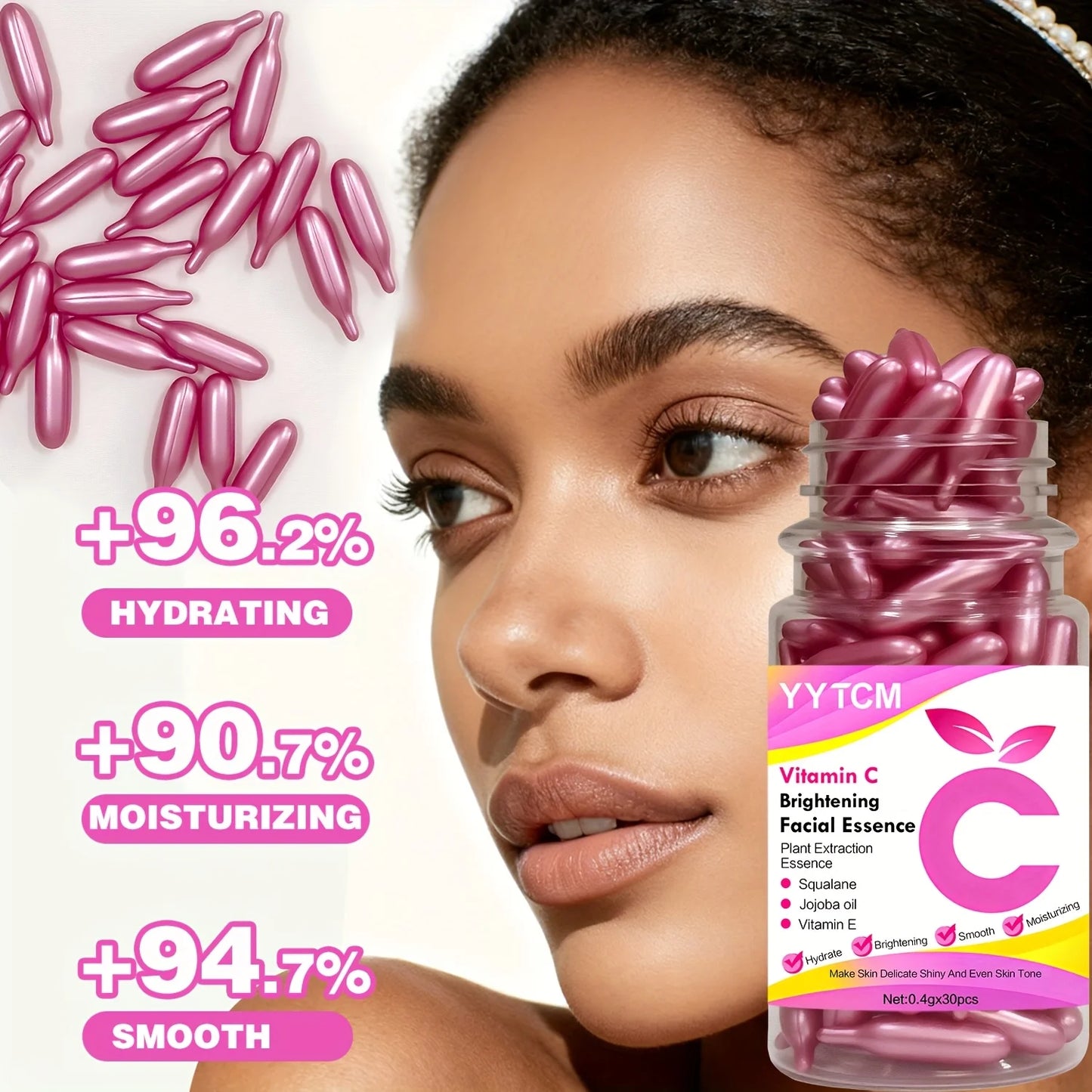 Vitamin C Brightening Skin Moisturizing Capsule Essence, Hydrates and Smoothes Skin, Contains Plant-Based Squalane, Vitamin E, Magnolia Oil, Jojoba Seed Oil, Deeply Hydrates and Brightens Skin Essence (0.4g X 90 Capsules)/Bot