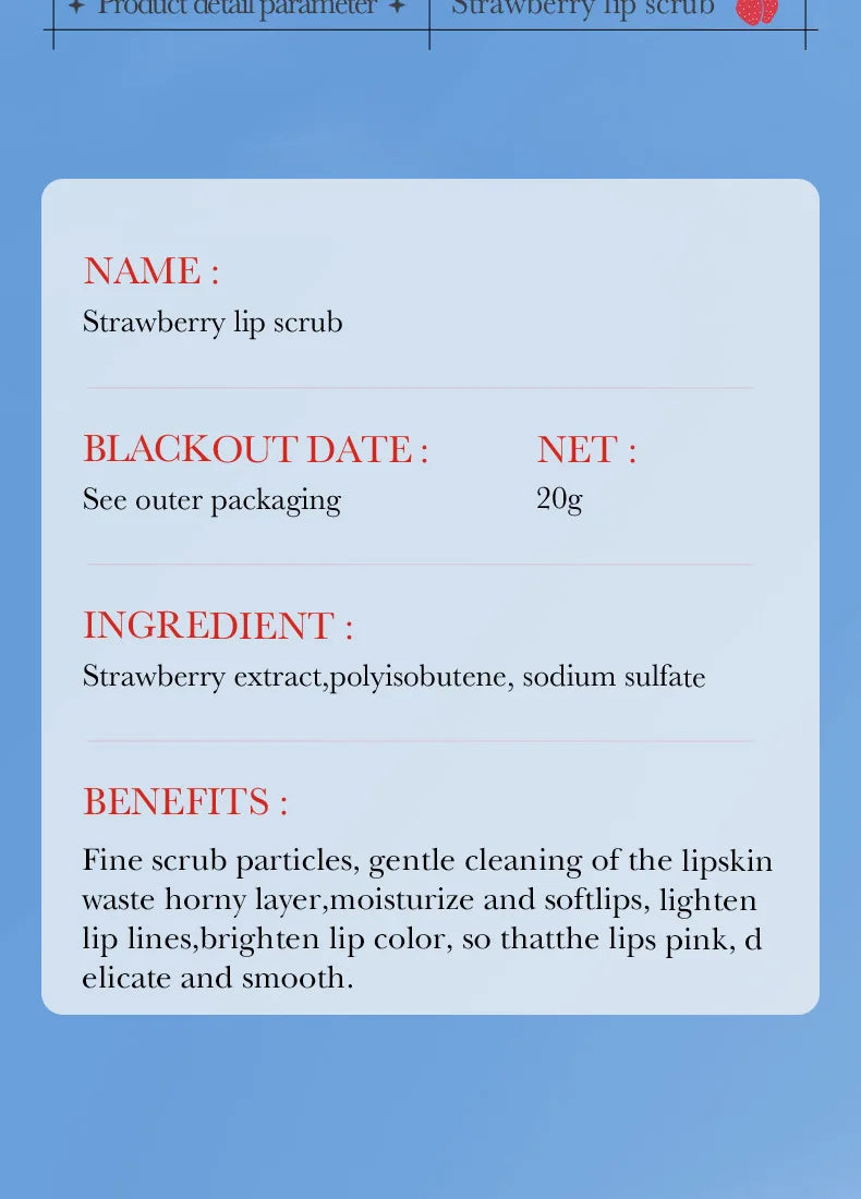 SADOER Fruit Series Strawberry Lip Scrub Dead Skin Moisturizes Brightening Lip Color, Makes Lips Pink
