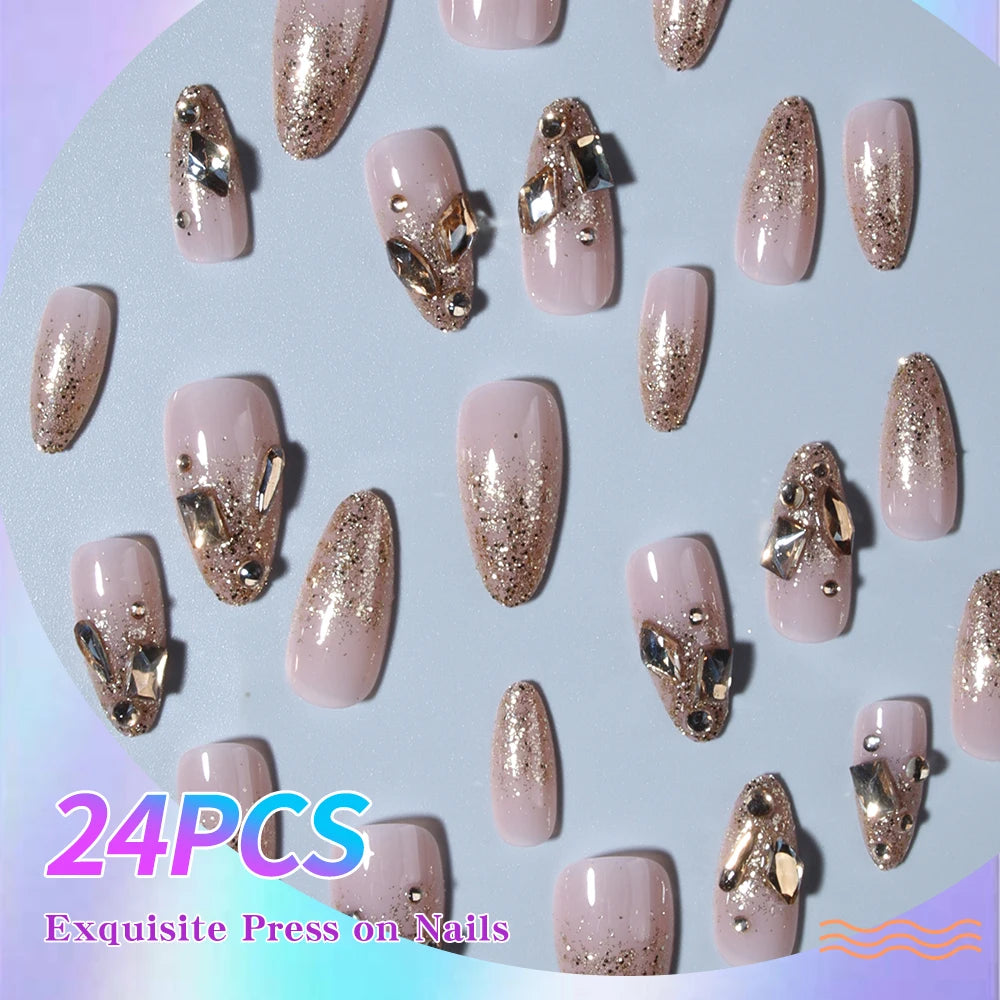 24 pcs of long almond-shaped nails inset with glittering light: French design, long acrylic nails that are very suitable for we