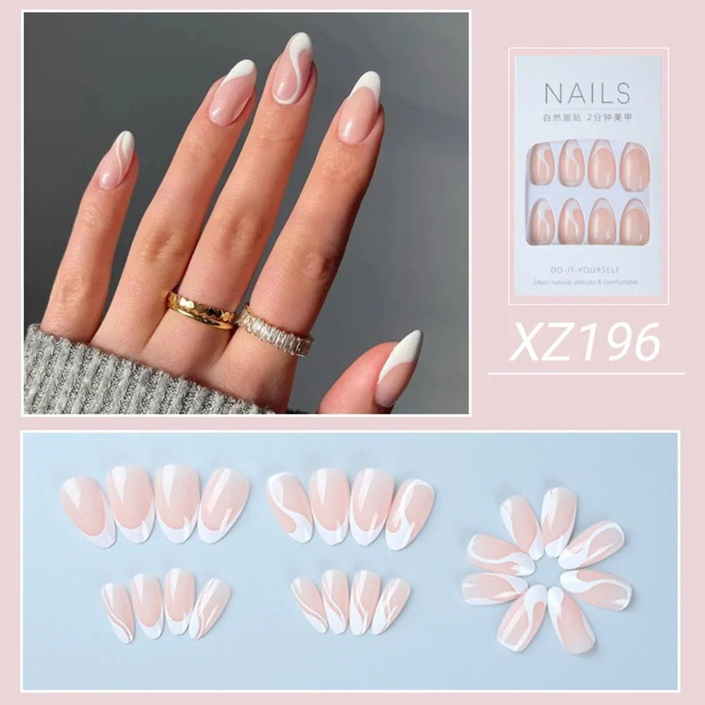 Simple French Wearable False Nails Almond Colorful Stripes Colorblock Design Manicure Fake Nails Line Full Cover Press On Nail