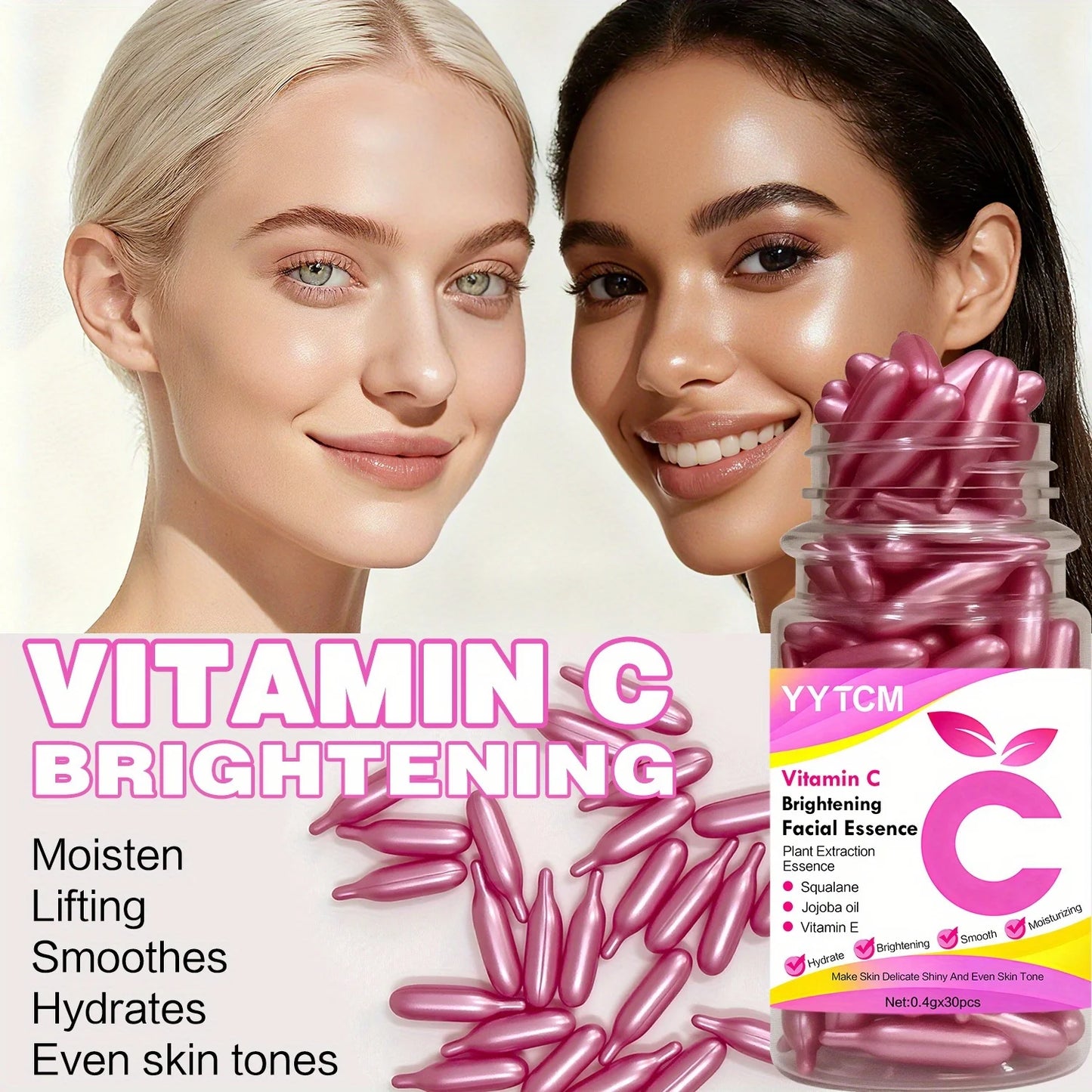 Vitamin C Brightening Skin Moisturizing Capsule Essence, Hydrates and Smoothes Skin, Contains Plant-Based Squalane, Vitamin E, Magnolia Oil, Jojoba Seed Oil, Deeply Hydrates and Brightens Skin Essence (0.4g X 90 Capsules)/Bot