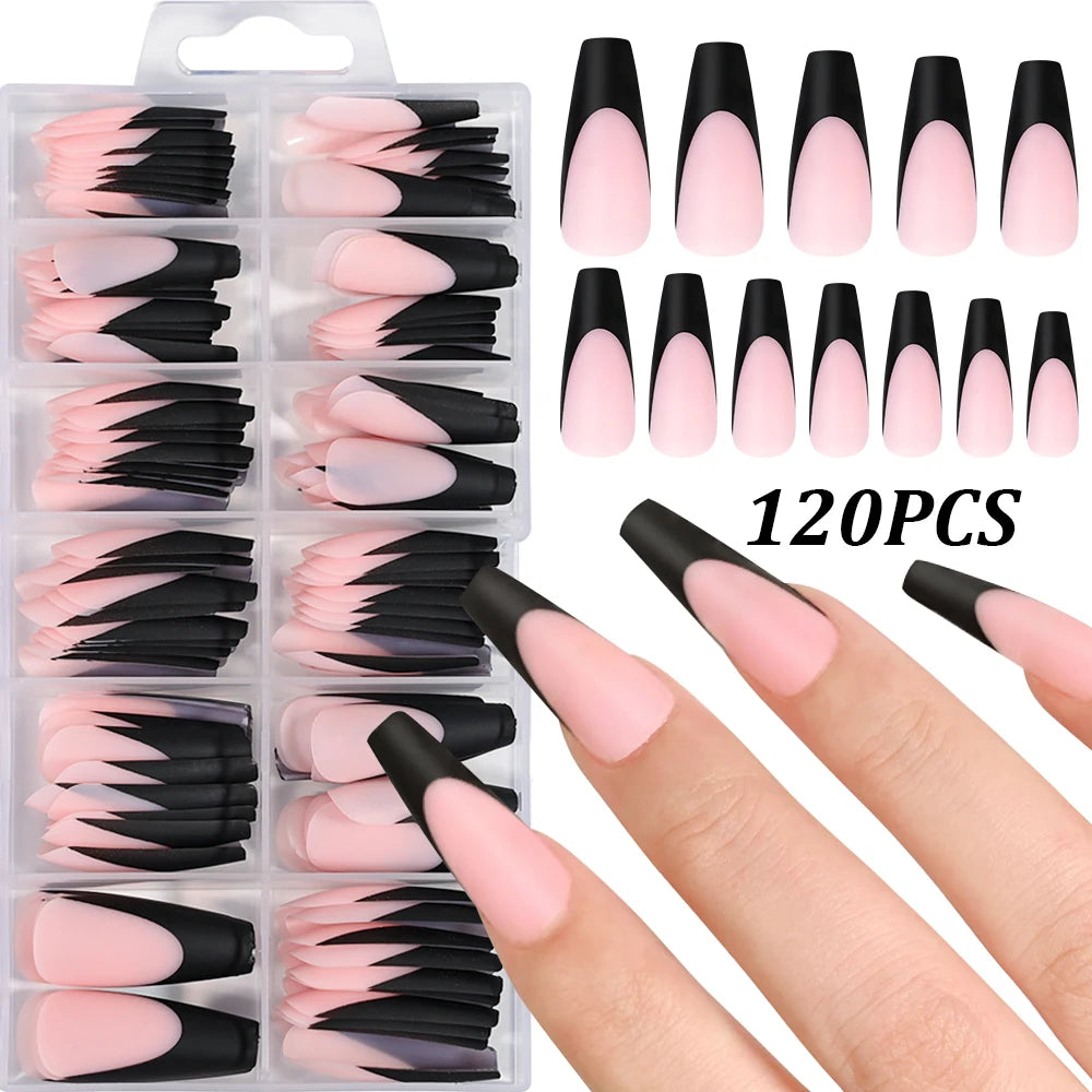 120Pcs/box Matte Pink French Press On Nails Acrylic Long Square Fake Nails Tips Full Cover Women Extension Wearable False Nails-