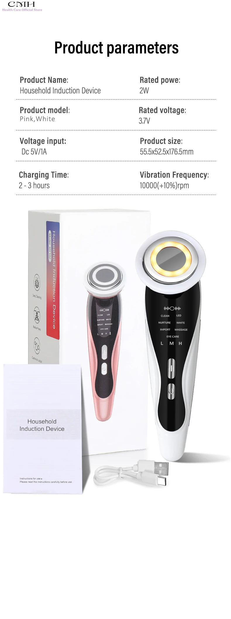 Induction Facial Device Anti Aging Multi Modes LED Light Therapy Patented Electrode Head Deep Cleansing Skin Tightening Portable