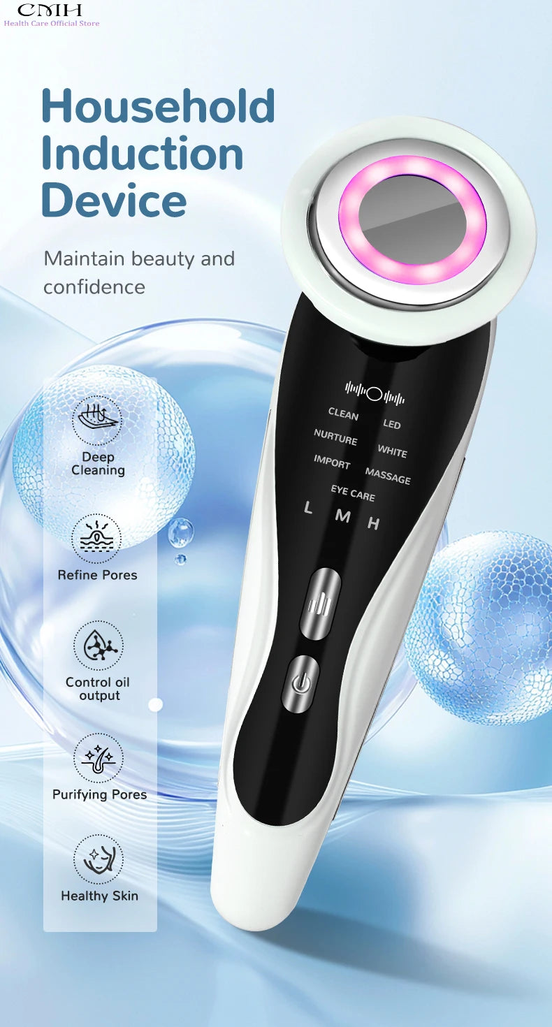 Induction Facial Device Anti Aging Multi Modes LED Light Therapy Patented Electrode Head Deep Cleansing Skin Tightening Portable