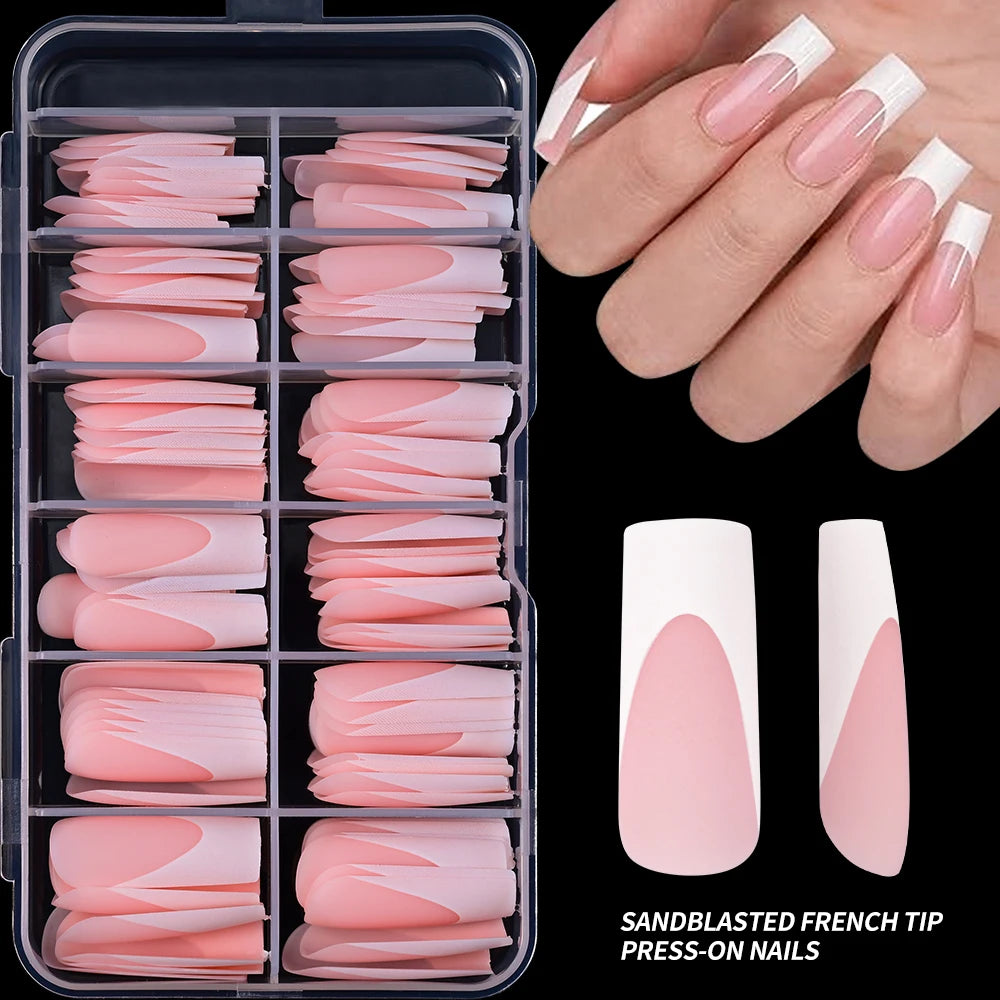 120Pcs/box Matte Pink French Press On Nails Acrylic Long Square Fake Nails Tips Full Cover Women Extension Wearable False Nails-
