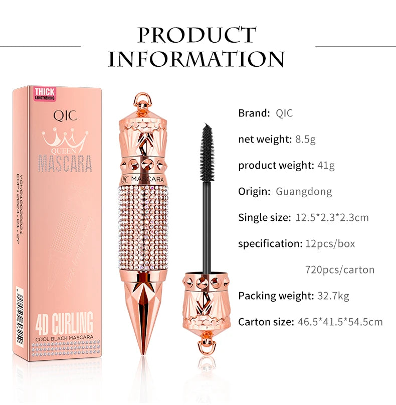 Mascara Waterproof Smudge Proof Elongate Eyelashes Makeup Tool, Natural Thick Curling, Rhinestone Decorative Shell