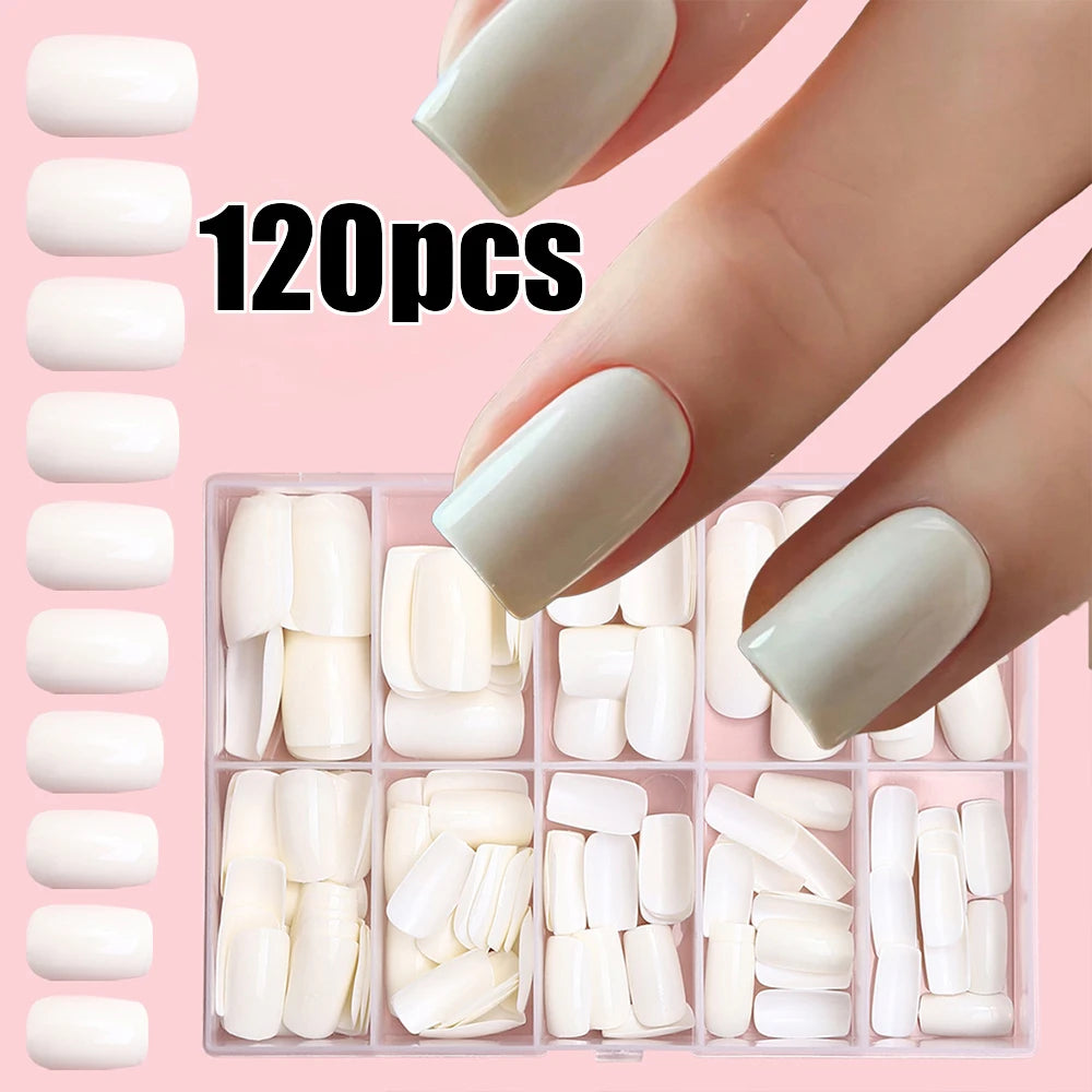 120Pcs/box Matte Pink French Press On Nails Acrylic Long Square Fake Nails Tips Full Cover Women Extension Wearable False Nails-