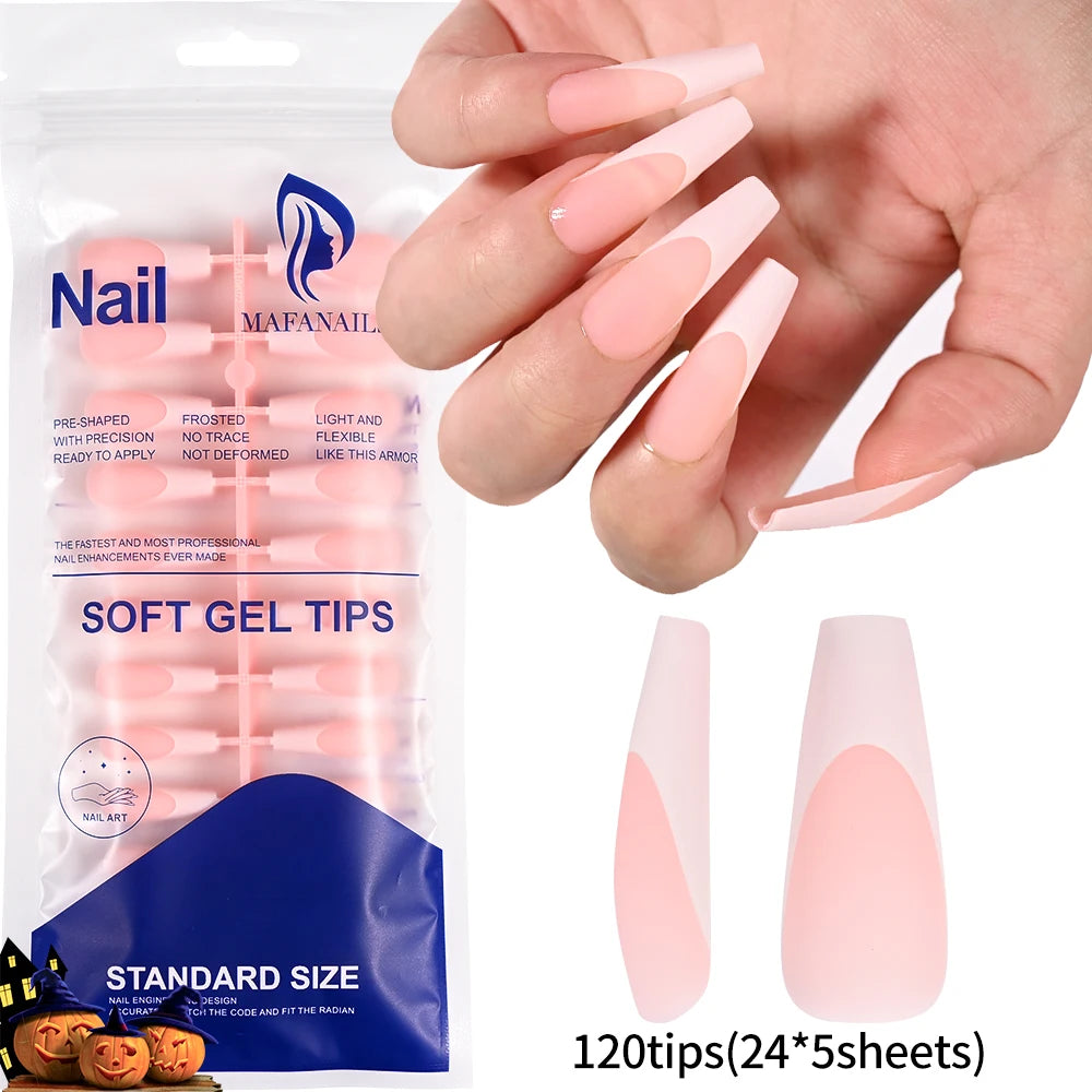 120Pcs/box Matte Pink French Press On Nails Acrylic Long Square Fake Nails Tips Full Cover Women Extension Wearable False Nails-